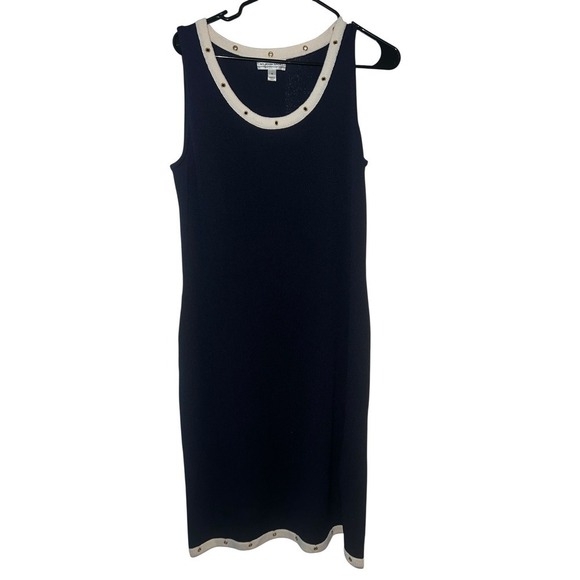 st jones sports Dresses & Skirts - Navy Blue Knit Dress White & Gold Rivet Trim 90s St John Sport Dark Blue sz m